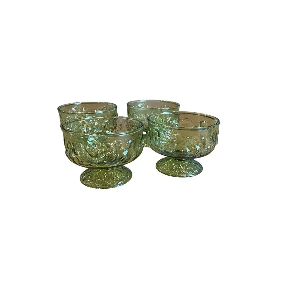 Vintage Anchor Hocking Lido Milano Green Crinkle Sherbet Glasses Set of 2
